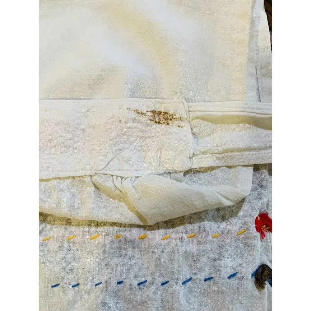 Vintage Apron Women White Yellow Waist Hand Embroidery Handmade Cotton Donkey